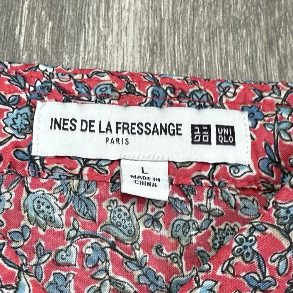 NEW Uniqlo Ines De La Fressange Top Red Blue Floral Button Up Shirt Womens Large - Picture 4 of 7